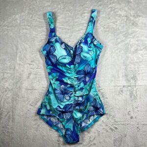 Le Cove Blue Tropical Hibiscus Floral Ruched One Piece Swimsuit Tummy Control 14